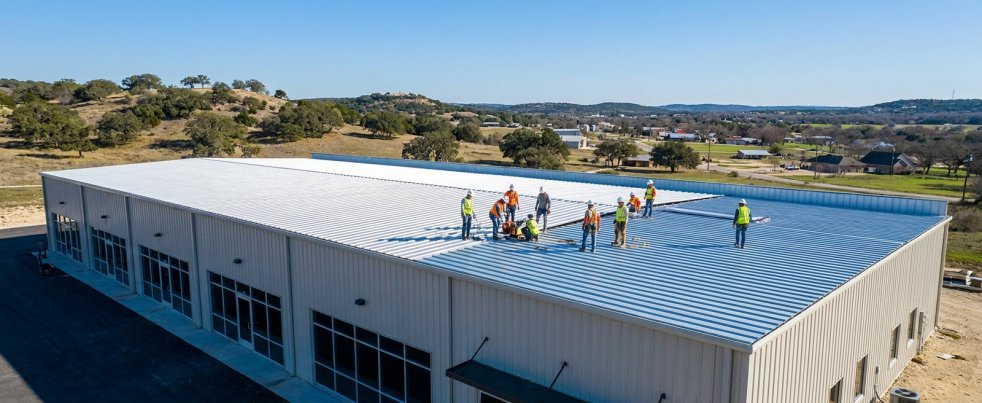 Roofing crew installing a metal roof on a commercial building in Boerne, Texas
