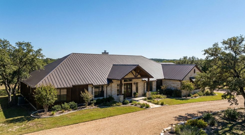 Stone home with a new metal roof, landscaped yard and gravel driveway in Boerne, Texas