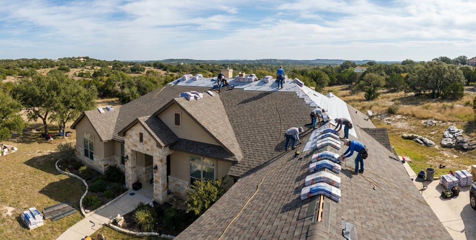Roofers installing shingles on a large suburban home roof in the Texas Hill Country